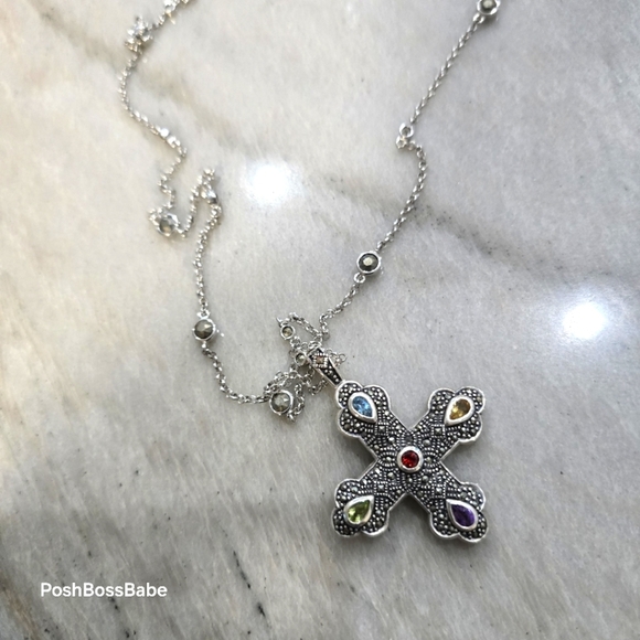 Sterling Silver Marcasite Multi-Gemstone Cross Pendant Necklace – 30" Chain - Picture 1 of 15